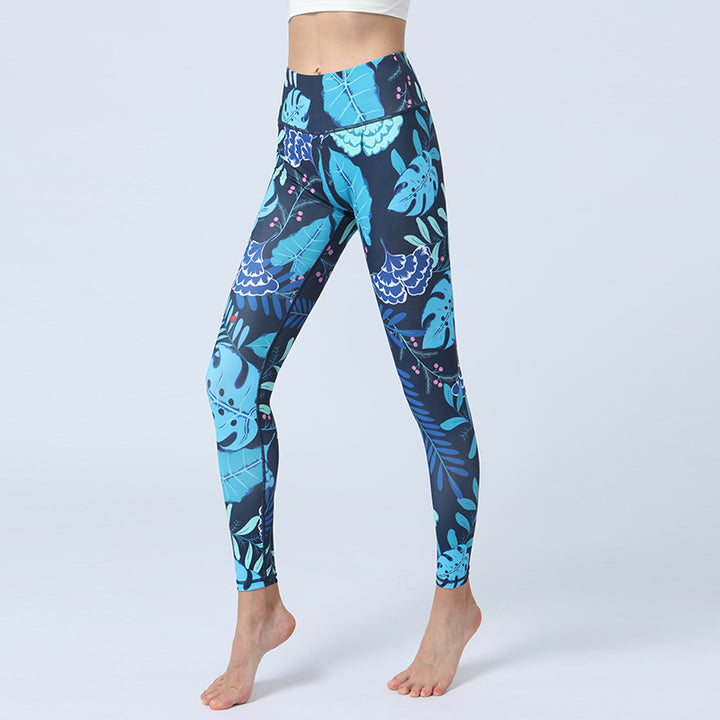 Pantaloni da yoga con stampa di Buddha Stones , sportivi, fitness, yoga, leggings a vita alta, pantaloni da yoga da donna - Foglie blu - US8-10, UK/AU12-14, EU40-42 (XL)  - image 4