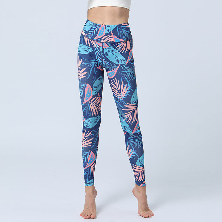 Pantaloni da yoga con stampa di Buddha Stones , sportivi, fitness, yoga, leggings a vita alta, pantaloni da yoga da donna - Foglie blu e rosa - US8-10, UK/AU12-14, EU40-42 (XL)  - image 15
