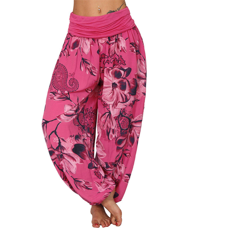 Pantaloni harem larghi con motivo a foglie di fiore Buddha Stones, pantaloni da yoga da donna - Rosso rosa - US20, UK/AU24, EU52 (5XL) - image 0