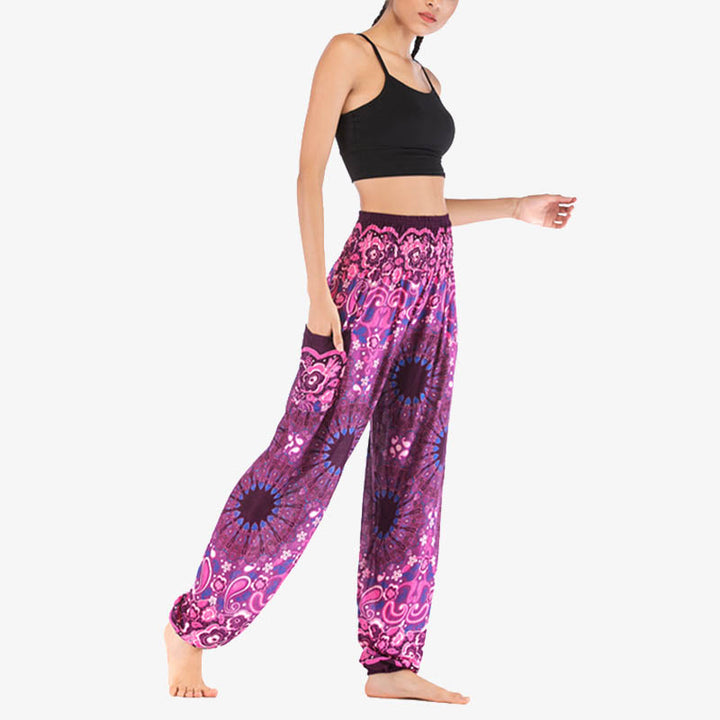 Pantaloni harem larghi con motivo geometrico mandala Buddha Stones, pantaloni da yoga da donna a vita alta - image 44