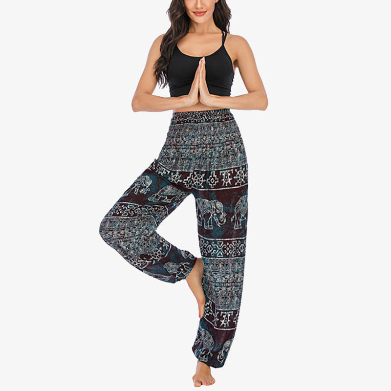 Pantaloni harem larghi casuali con motivo a elefante Buddha Stones, pantaloni da yoga da donna a vita alta - Black Elephant - US2-8/10， UK/AU6-12/14，EU34-40/42 (F) - image 0