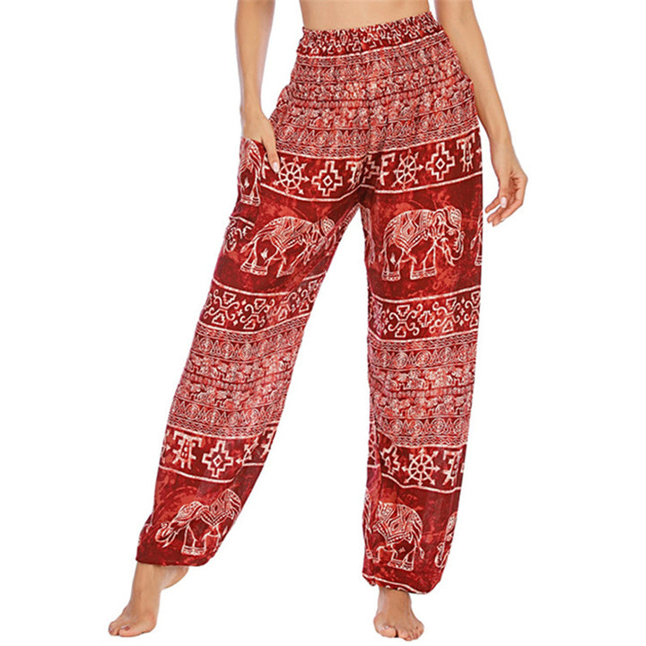 Pantaloni harem larghi casuali con motivo a elefante Buddha Stones, pantaloni da yoga da donna a vita alta - Elefante rosso - US2-8/10， UK/AU6-12/14，EU34-40/42 (F) - image 8