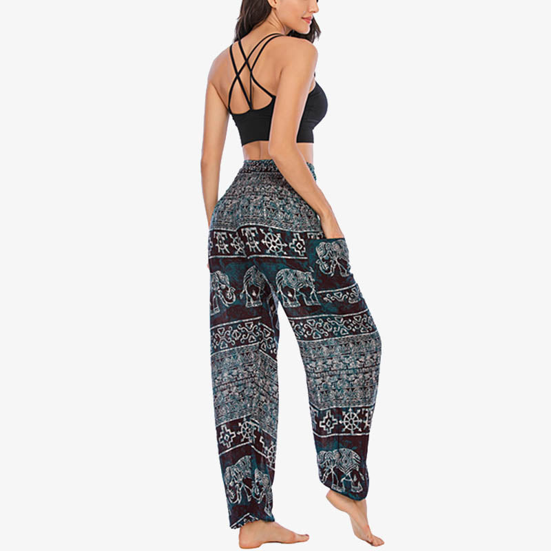 Pantaloni harem larghi casuali con motivo a elefante Buddha Stones, pantaloni da yoga da donna a vita alta - image 6