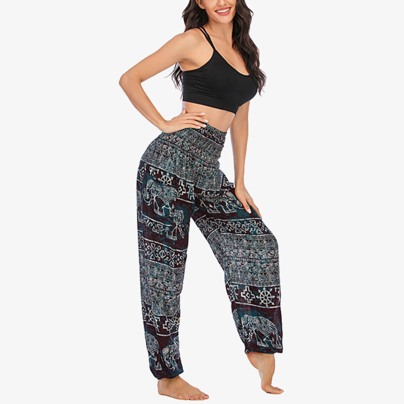 Pantaloni harem larghi casuali con motivo a elefante Buddha Stones, pantaloni da yoga da donna a vita alta - image 3