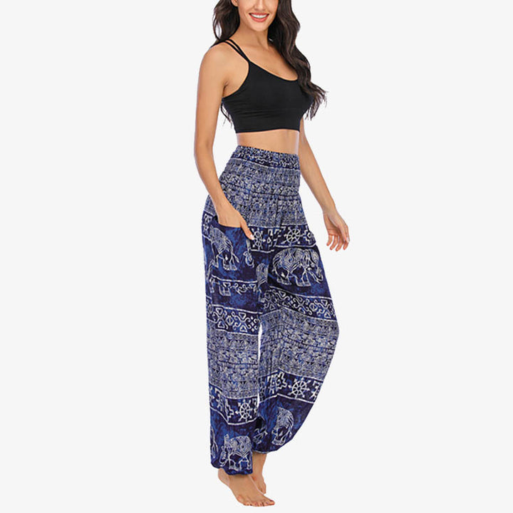 Pantaloni harem larghi casuali con motivo a elefante Buddha Stones, pantaloni da yoga da donna a vita alta - image 25