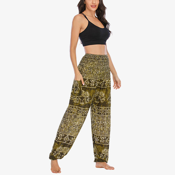 Pantaloni harem larghi casuali con motivo a elefante Buddha Stones, pantaloni da yoga da donna a vita alta - image 29