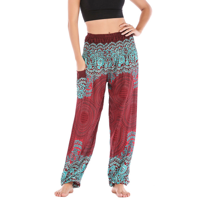 Pantaloni harem casual larghi con motivo geometrico rotondo Buddha Stones, pantaloni da yoga da donna a vita alta - Rosso Verde - US2-8/10， UK/AU6-12/14，EU34-40/42 (F) - image 0
