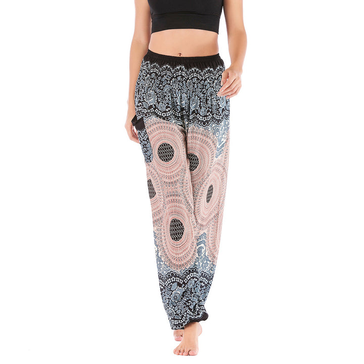 Pantaloni harem casual larghi con motivo geometrico rotondo Buddha Stones, pantaloni da yoga da donna a vita alta - Beige Bianco Nero - US2-8/10， UK/AU6-12/14，EU34-40/42 (F) - image 10