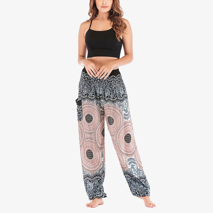 Pantaloni harem casual larghi con motivo geometrico rotondo Buddha Stones, pantaloni da yoga da donna a vita alta - image 17