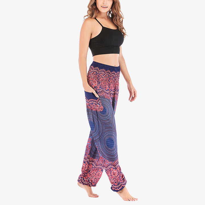 Pantaloni harem casual larghi con motivo geometrico rotondo Buddha Stones, pantaloni da yoga da donna a vita alta - image 32