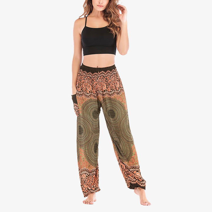 Pantaloni harem casual larghi con motivo geometrico rotondo Buddha Stones, pantaloni da yoga da donna a vita alta - image 39