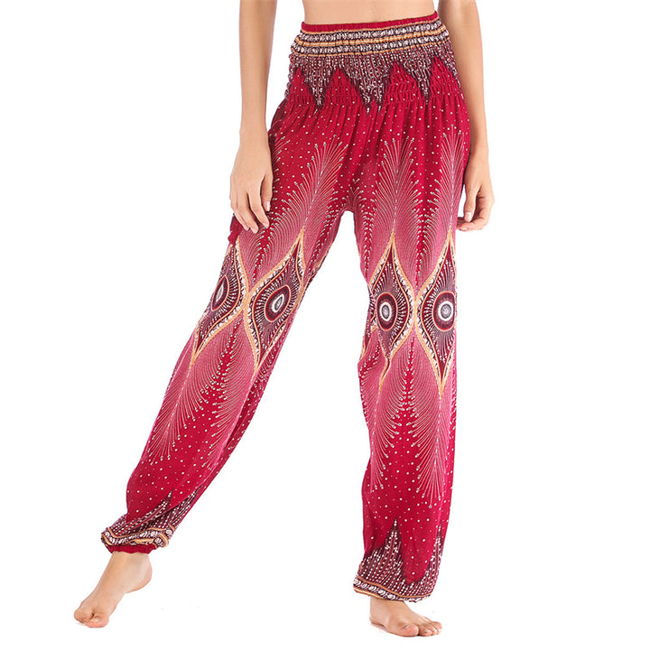 Pantaloni harem larghi con motivo a arricciatura, a vita alta, da yoga, da donna, con piccoli occhi di pavone e pietre Buddha Stones - Rosso - US2-8/10， UK/AU6-12/14，EU34-40/42 (F) - image 0