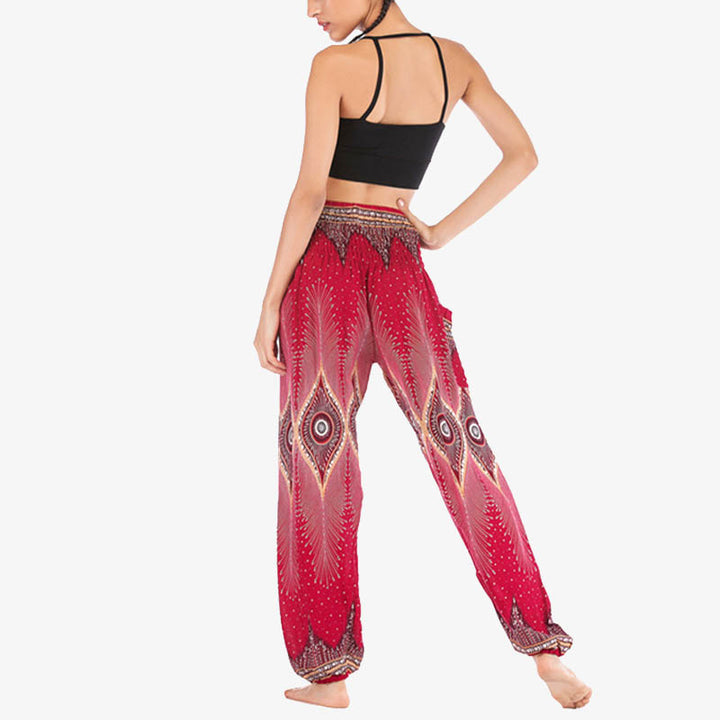 Pantaloni harem larghi con motivo a arricciatura, a vita alta, da yoga, da donna, con piccoli occhi di pavone e pietre Buddha Stones - image 4