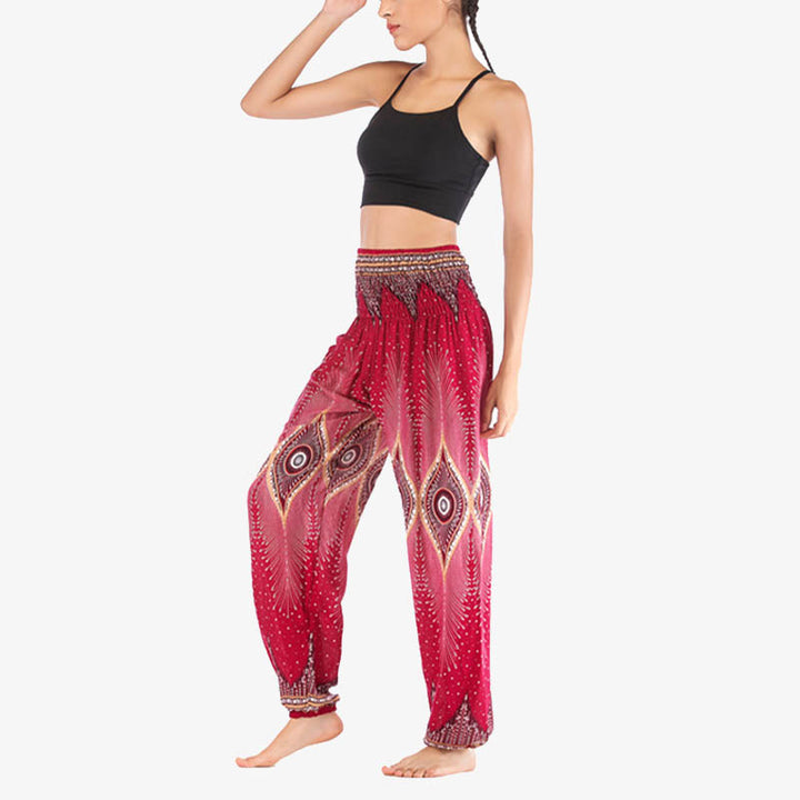 Pantaloni harem larghi con motivo a arricciatura, a vita alta, da yoga, da donna, con piccoli occhi di pavone e pietre Buddha Stones - image 6