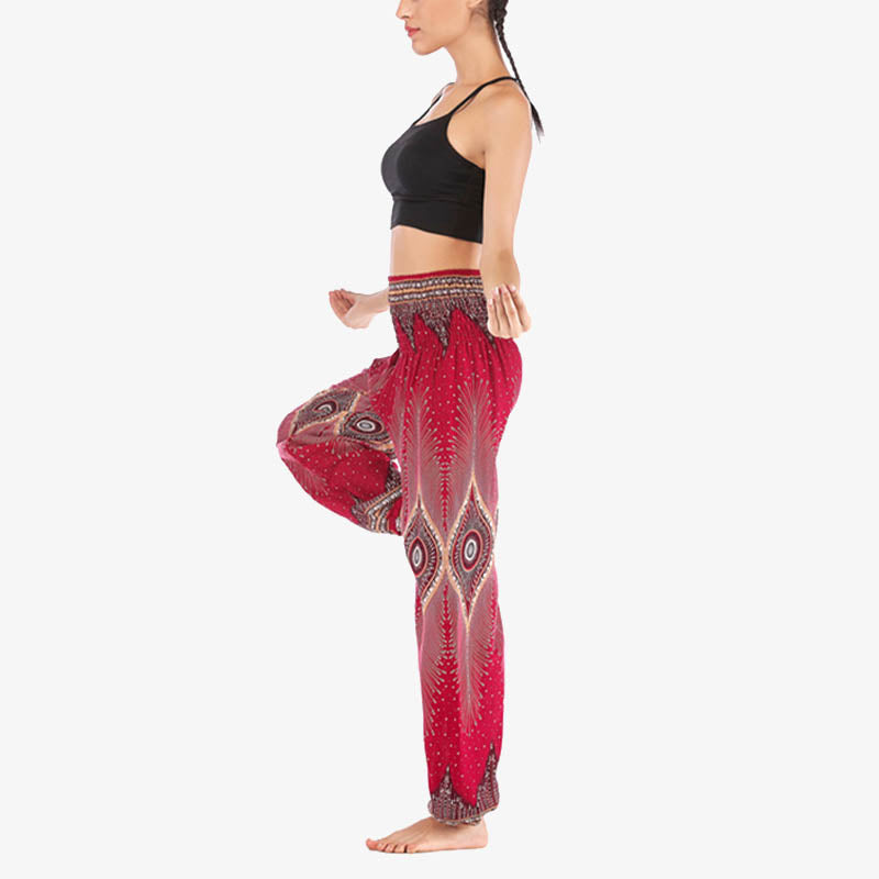Pantaloni harem larghi con motivo a arricciatura, a vita alta, da yoga, da donna, con piccoli occhi di pavone e pietre Buddha Stones - image 2