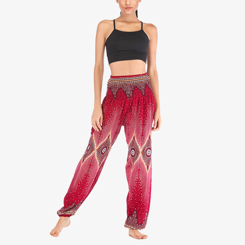 Pantaloni harem larghi con motivo a arricciatura, a vita alta, da yoga, da donna, con piccoli occhi di pavone e pietre Buddha Stones - image 7