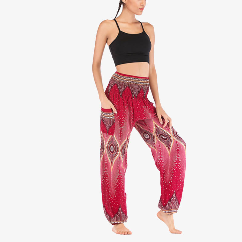 Pantaloni harem larghi con motivo a arricciatura, a vita alta, da yoga, da donna, con piccoli occhi di pavone e pietre Buddha Stones - image 9