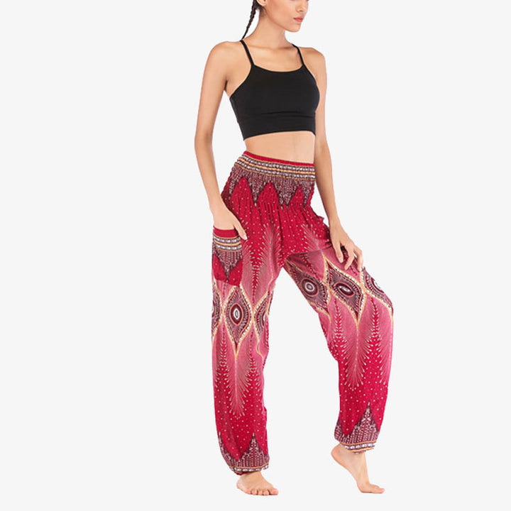 Pantaloni harem larghi con motivo a arricciatura, a vita alta, da yoga, da donna, con piccoli occhi di pavone e pietre Buddha Stones - image 9