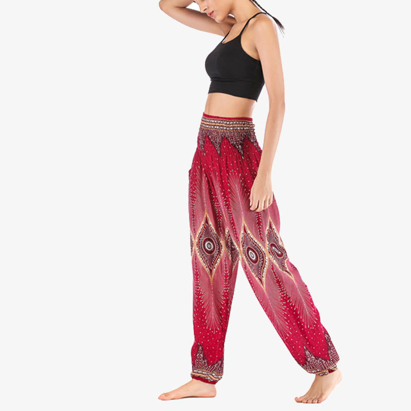 Pantaloni harem larghi con motivo a arricciatura, a vita alta, da yoga, da donna, con piccoli occhi di pavone e pietre Buddha Stones - image 9