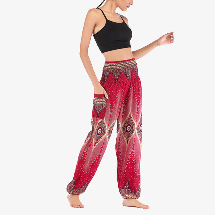 Pantaloni harem larghi con motivo a arricciatura, a vita alta, da yoga, da donna, con piccoli occhi di pavone e pietre Buddha Stones - image 10