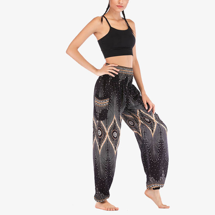 Pantaloni harem larghi con motivo a arricciatura, a vita alta, da yoga, da donna, con piccoli occhi di pavone e pietre Buddha Stones - image 14