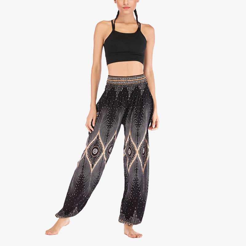 Pantaloni harem larghi con motivo a arricciatura, a vita alta, da yoga, da donna, con piccoli occhi di pavone e pietre Buddha Stones - image 16