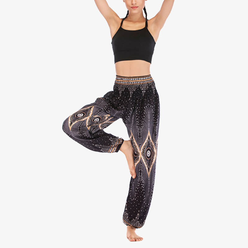 Pantaloni harem larghi con motivo a arricciatura, a vita alta, da yoga, da donna, con piccoli occhi di pavone e pietre Buddha Stones - image 13