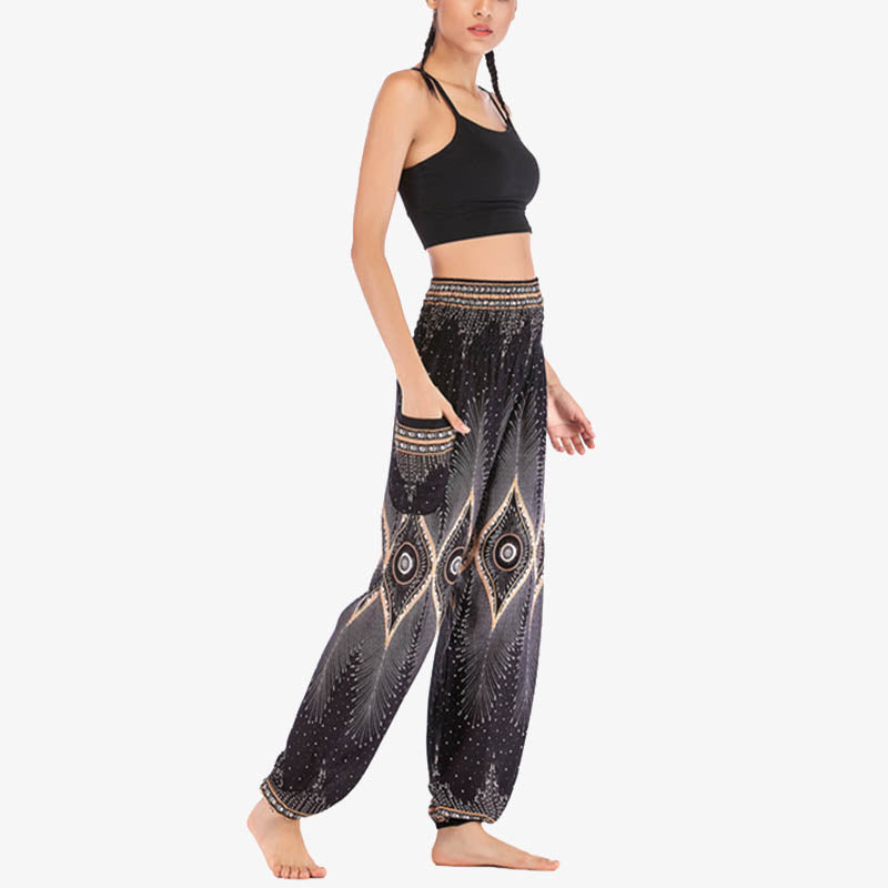 Pantaloni harem larghi con motivo a arricciatura, a vita alta, da yoga, da donna, con piccoli occhi di pavone e pietre Buddha Stones - image 18