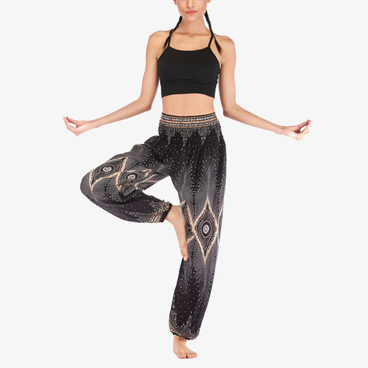 Pantaloni harem larghi con motivo a arricciatura, a vita alta, da yoga, da donna, con piccoli occhi di pavone e pietre Buddha Stones - image 18