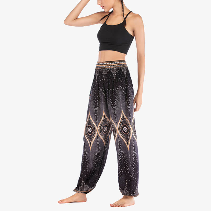 Pantaloni harem larghi con motivo a arricciatura, a vita alta, da yoga, da donna, con piccoli occhi di pavone e pietre Buddha Stones - image 21