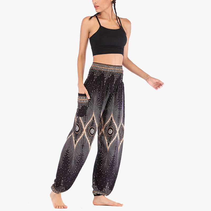 Pantaloni harem larghi con motivo a arricciatura, a vita alta, da yoga, da donna, con piccoli occhi di pavone e pietre Buddha Stones - image 19