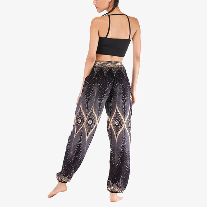 Pantaloni harem larghi con motivo a arricciatura, a vita alta, da yoga, da donna, con piccoli occhi di pavone e pietre Buddha Stones - image 15