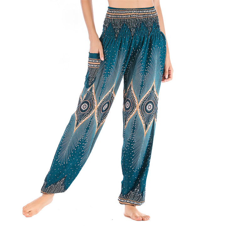 Pantaloni harem larghi con motivo a arricciatura, a vita alta, da yoga, da donna, con piccoli occhi di pavone e pietre Buddha Stones - Ciano - US2-8/10， UK/AU6-12/14，EU34-40/42 (F) - image 22