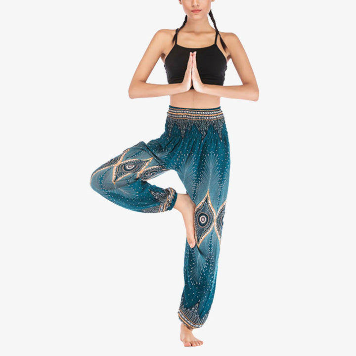 Pantaloni harem larghi con motivo a arricciatura, a vita alta, da yoga, da donna, con piccoli occhi di pavone e pietre Buddha Stones - image 23