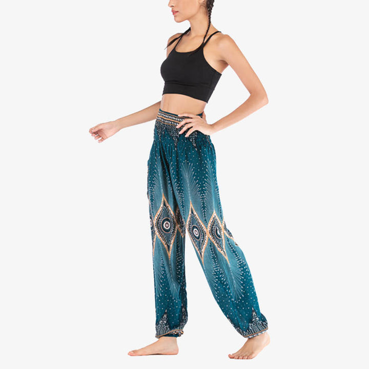 Pantaloni harem larghi con motivo a arricciatura, a vita alta, da yoga, da donna, con piccoli occhi di pavone e pietre Buddha Stones - image 27