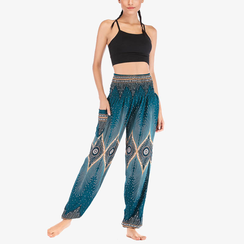 Pantaloni harem larghi con motivo a arricciatura, a vita alta, da yoga, da donna, con piccoli occhi di pavone e pietre Buddha Stones - image 27