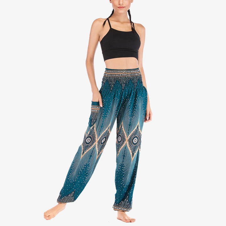 Pantaloni harem larghi con motivo a arricciatura, a vita alta, da yoga, da donna, con piccoli occhi di pavone e pietre Buddha Stones - image 27