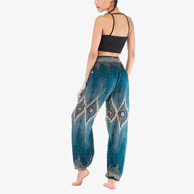 Pantaloni harem larghi con motivo a arricciatura, a vita alta, da yoga, da donna, con piccoli occhi di pavone e pietre Buddha Stones - image 25
