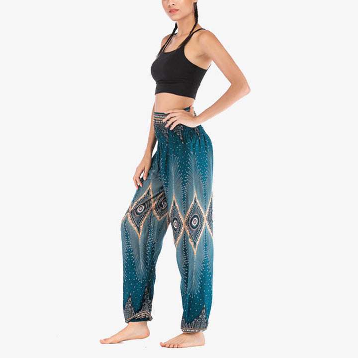 Pantaloni harem larghi con motivo a arricciatura, a vita alta, da yoga, da donna, con piccoli occhi di pavone e pietre Buddha Stones - image 28
