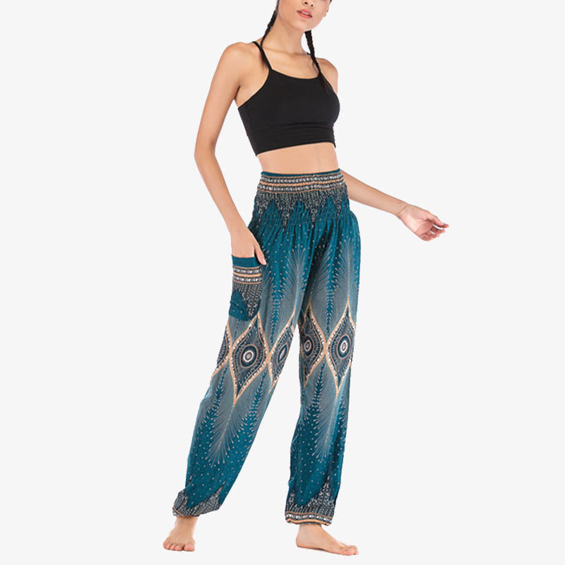Pantaloni harem larghi con motivo a arricciatura, a vita alta, da yoga, da donna, con piccoli occhi di pavone e pietre Buddha Stones - image 29