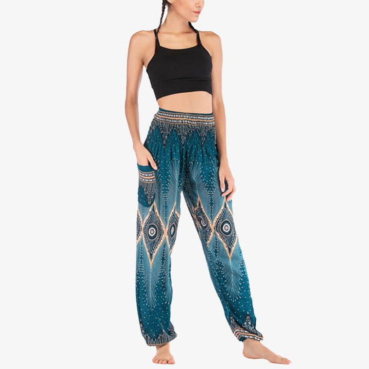 Pantaloni harem larghi con motivo a arricciatura, a vita alta, da yoga, da donna, con piccoli occhi di pavone e pietre Buddha Stones - image 30