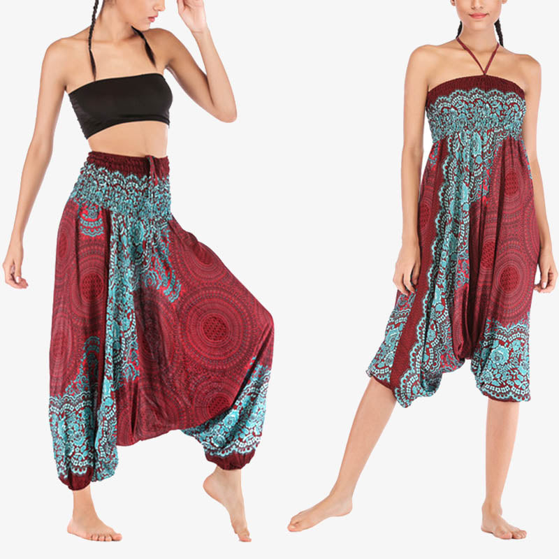 Pantaloni harem larghi con motivo geometrico rotondo Buddha Stones, due stili, tuta, pantaloni da yoga da donna a vita alta - Rosso Verde - US2-12， UK/AU6-16，EU34-44 (F) - image 0