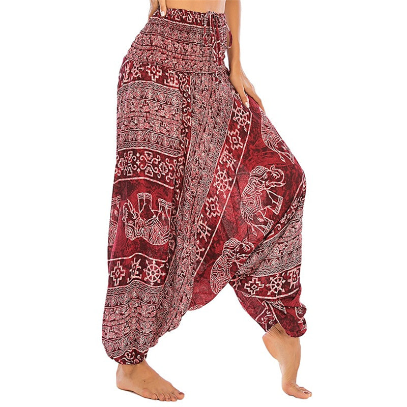 Pantaloni harem larghi e arricciati con motivo a elefante, tuta da yoga da donna, stile Buddha Stones, due stili - Elefante rosso - US2-12， UK/AU6-16，EU34-44 (F) - image 0