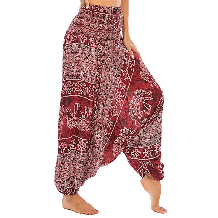 Pantaloni harem larghi e arricciati con motivo a elefante, tuta da yoga da donna, stile Buddha Stones, due stili - Elefante rosso - US2-12， UK/AU6-16，EU34-44 (F) - image 0