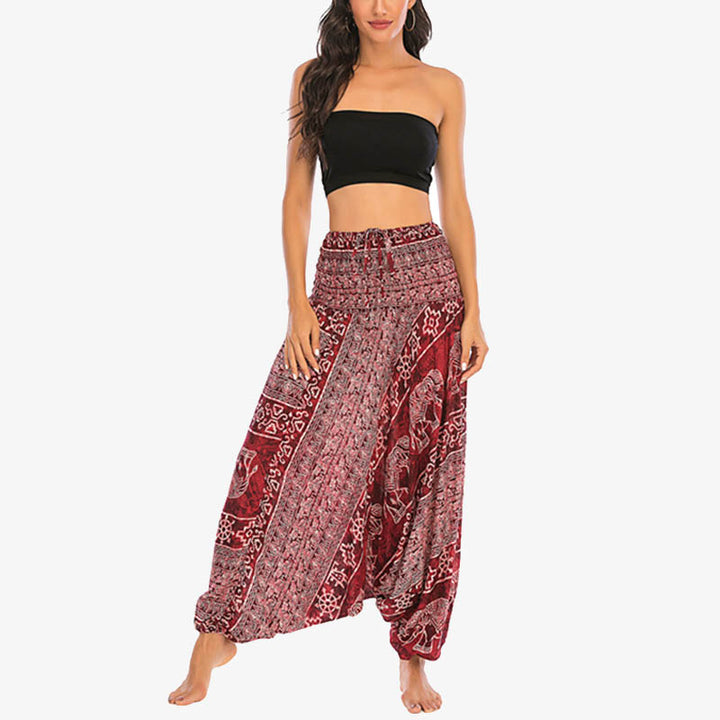Pantaloni harem larghi e arricciati con motivo a elefante, tuta da yoga da donna, stile Buddha Stones, due stili - image 1