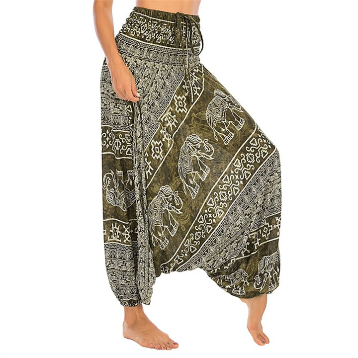 Pantaloni harem larghi e arricciati con motivo a elefante, tuta da yoga da donna, stile Buddha Stones, due stili - Elefante verde - US2-12， UK/AU6-16，EU34-44 (F) - image 9