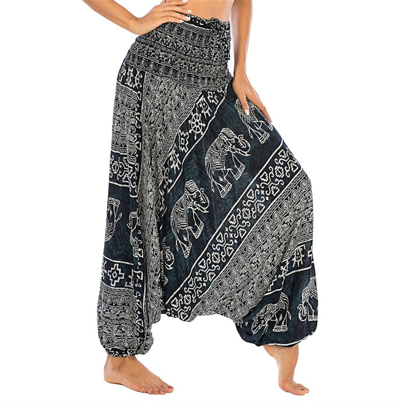 Pantaloni harem larghi e arricciati con motivo a elefante, tuta da yoga da donna, stile Buddha Stones, due stili - Elefante nero - US2-12， UK/AU6-16，EU34-44 (F) - image 21