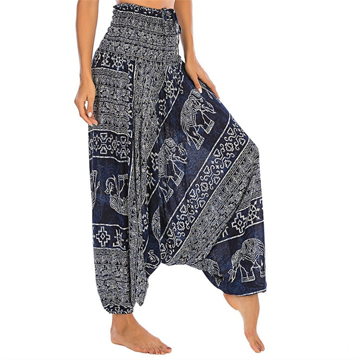 Pantaloni harem larghi e arricciati con motivo a elefante, tuta da yoga da donna, stile Buddha Stones, due stili - Elefante blu - US2-12， UK/AU6-16，EU34-44 (F) - image 31