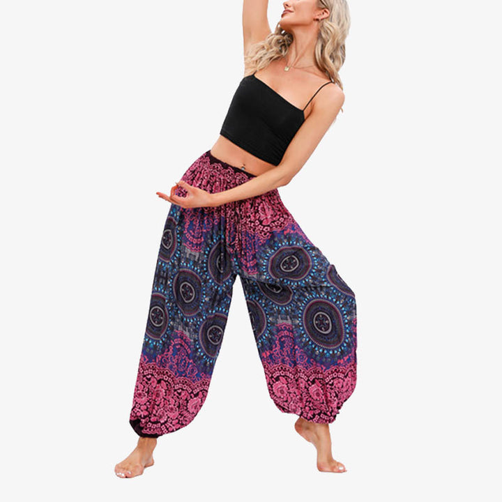 Pantaloni harem larghi da donna con fiori geometrici rotondi e Buddha Stones