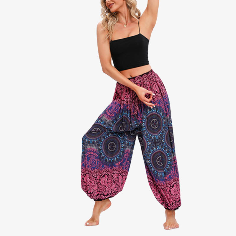 Pantaloni harem larghi da donna con fiori geometrici rotondi e Buddha Stones